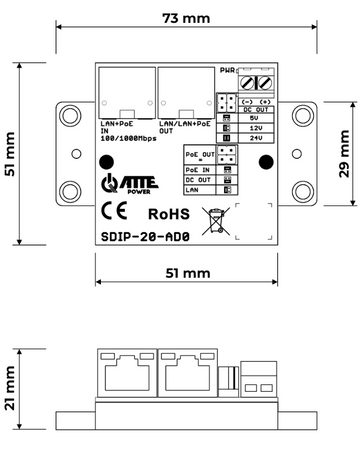 SDIP‑20‑AD0 Adapter PoE Gigabit obniżający napięcie do 5V/12V/24V, Pout 20W, 802.3af/at oraz PASSIVE