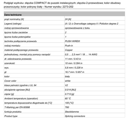Szybkozłączka elektryczna na drut 2x2,5mm WAGO 2273-202 100szt