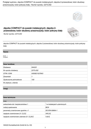 Szybkozłączka elektryczna na drut 2x2,5mm WAGO 2273-202 100szt