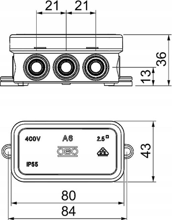 Puszka rozgałęźna 80x43x34mm IP55 OBO SZARA A6